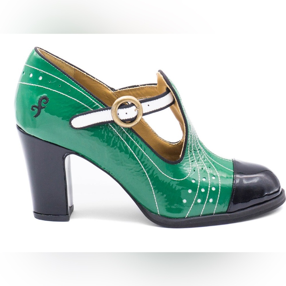 John Fluevog Green Patent Mary Jane Heels with Black Cap Toe and White Strap